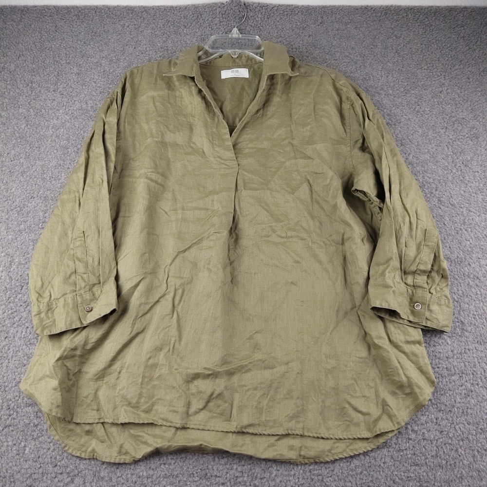 Uniqlo Linen Tunic Sz XL V-Neck Long Sleeve Olive Green Minimalist EUC